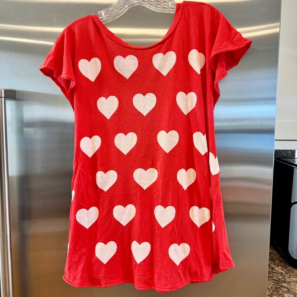 Wildfox Red Short Sleeved Shirt With White Hearts And Open Back Valentines Top